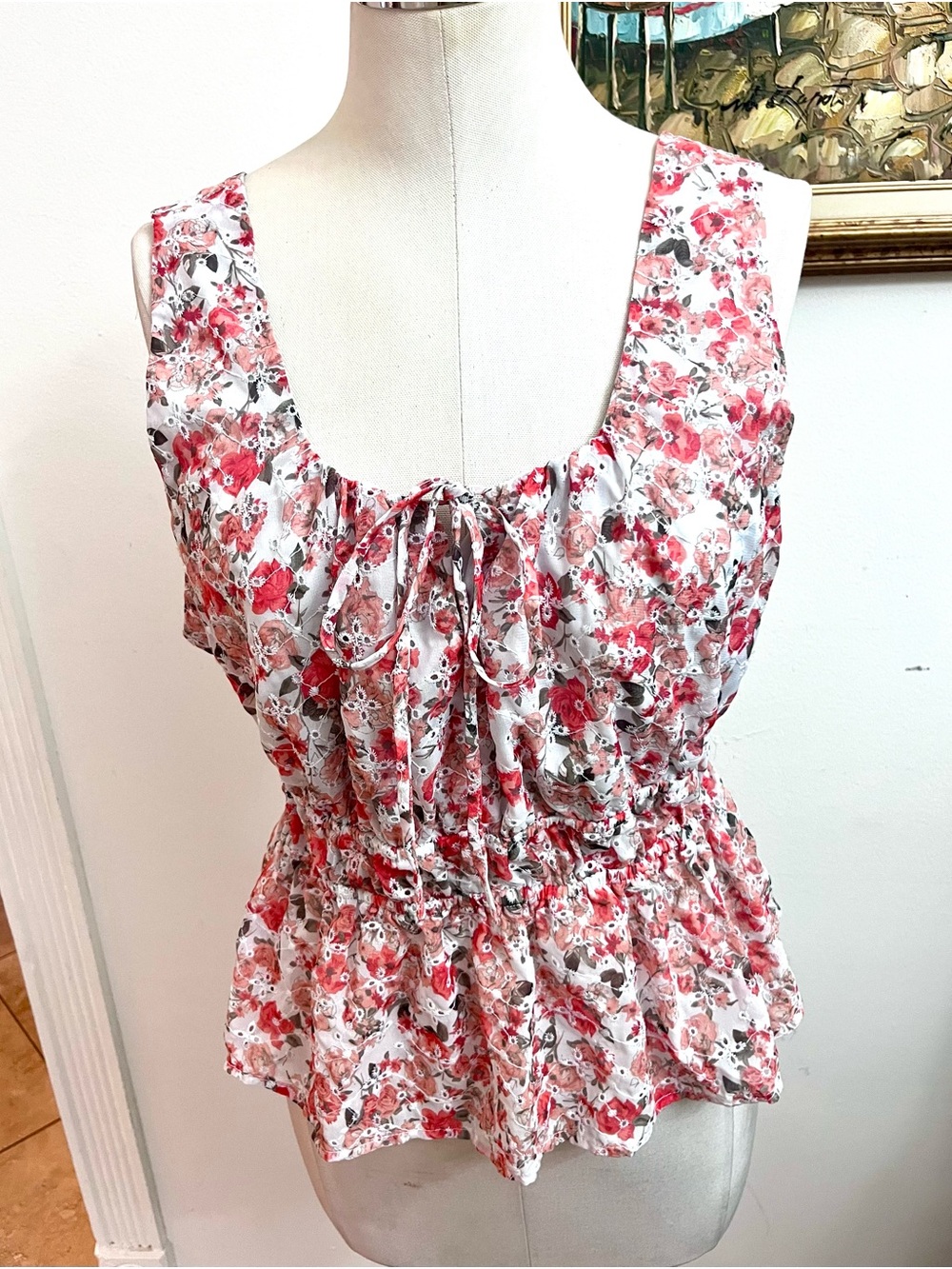 Versona White Floral Tie-Front Peplum Top with Red Accents